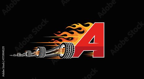 Letter A speeding with flames and tire tracks on black