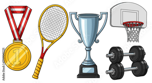 Vector  illustration of a gold medal with ribbon, tennis racket, trophy, basketball hoop and dumbbells