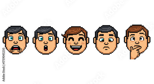 Vector  pixelated faces displaying various emotions including surprise, joy, sadness, and contemplation