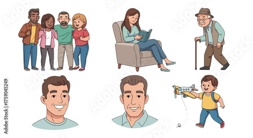 Vector  illustration showing diverse people including family, reading woman, and boy with plane toy