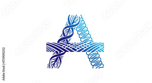 Stylized letter 'A' with tree roots, spirals, and interwoven blue lines