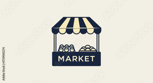 Market stall icon with striped awning and rounded fruits on pale background