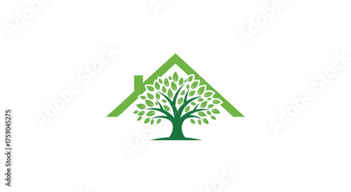 Green leafy tree under a house roof outline