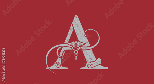 Grey letter 'A' with caduceus on a red background