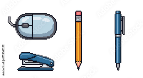 Vector  pixel art depiction of a computer mouse stapler pencil and pen arranged vertically on a surface