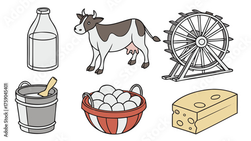 Dairy Industry Vector – Cow, Milk Production, Cheese and Butter Illustration
