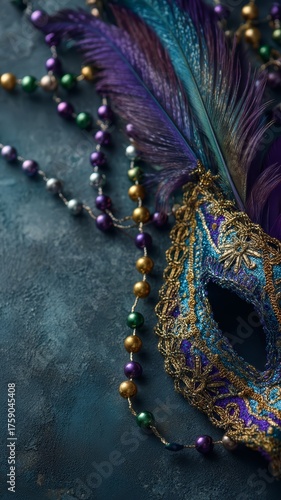 Festive carnival mask with feathers and beads. Colorful Mardi Gras holiday celebration accessory display on a textured background.