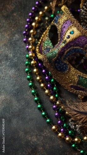 Colorful Mardi Gras mask with festive beads for carnival celebration or holiday party decoration.