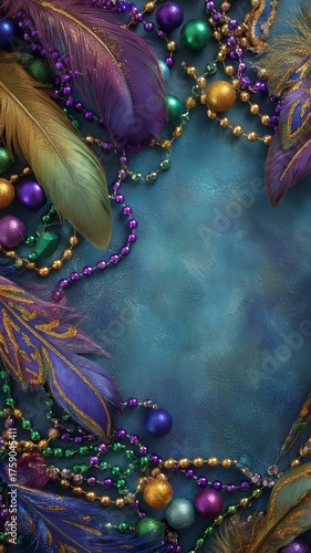Mardi gras celebration background with colorful beads, feathers as holiday concept on textured ground for greeting card and banner design.