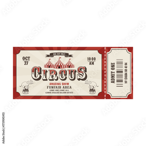 Retro circus admission ticket with classic striped tent and elephant illustration.