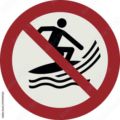 Simbolo di divieto di utilizzare di imbarcazioni da surf, vietato lo surfboards, vietato il surf ski, vietato lo surf kayak, simbolo P059