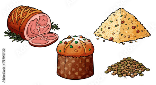 Vector  illustration showing a ham, cake, rice pyramid, and pile of lentils arranged together nicely