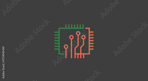 Minimalist outline of computer chip, green and red, grey backdrop