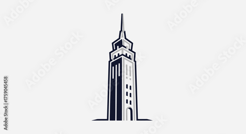 Outlined dark and light building, skyscraper, with spire on white