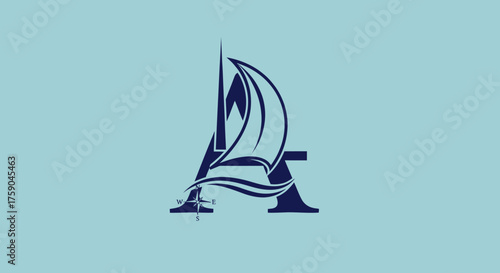 Monogram "A" with sailboat motif in navy on light blue backdrop
