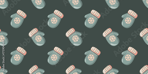 Seamless pattern with cartoon green winter mittens on dark background. Vector cozy winter background. 