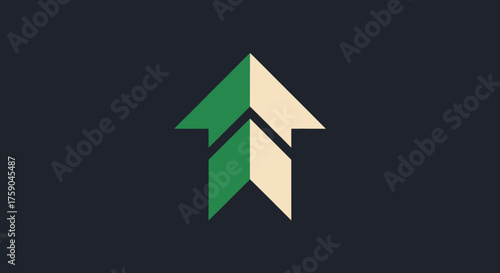 Dual-colored upward arrow design, green and beige, on dark background