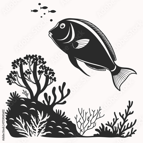Silhouette of a surgeonfish swimming above coral reef and small fish