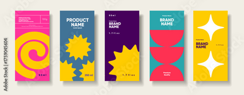 A vibrant collection of five modern product packaging designs featuring bold colors and geometric shapes. Each package showcases unique branding elements, emphasizing creativity and contemporary