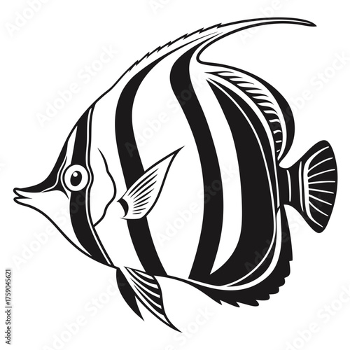 Stylized black and white illustration of a moorish idol fish