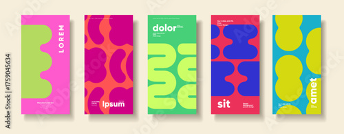 A vibrant collection of abstract poster designs featuring bold colors and organic shapes. Each poster showcases a unique combination of hues and patterns, perfect for modern graphic design