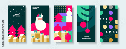 Wallpaper Mural A vibrant collection of five modern Christmas-themed banners featuring abstract designs. Each banner showcases festive elements like Santa, Christmas trees, ornaments, and gift boxes in bold Torontodigital.ca