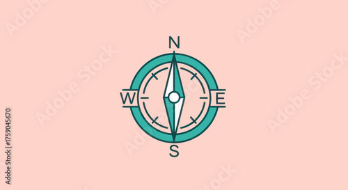 Teal compass icon with cardinal directions on a pink background