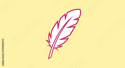 Stylized white feather with fuchsia outline on a yellow background