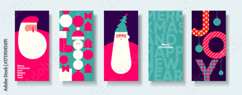 A vibrant set of five Christmas-themed banners featuring abstract designs of Santa Claus, ornaments, and festive text. The bold colors of red, teal, and purple create a modern holiday aesthetic