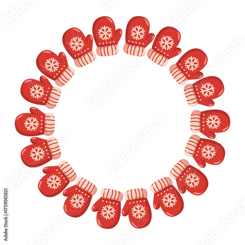Round frame with red mittens and snowflake pattern in winter style. Winter Vector isolated illustration on white background. 
