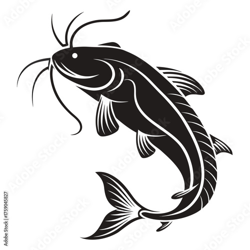 Stylized black catfish illustration with prominent whiskers