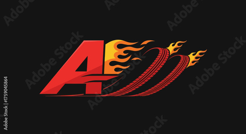 Red 'A' and tires engulfed in flames against black backdrop