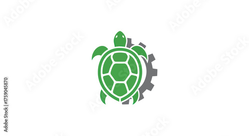 Green turtle overlaps a gray gear wheel