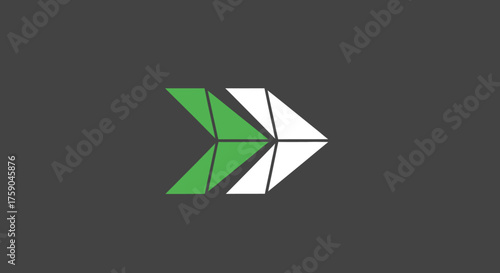 Abstract arrow made of green and white triangles on gray