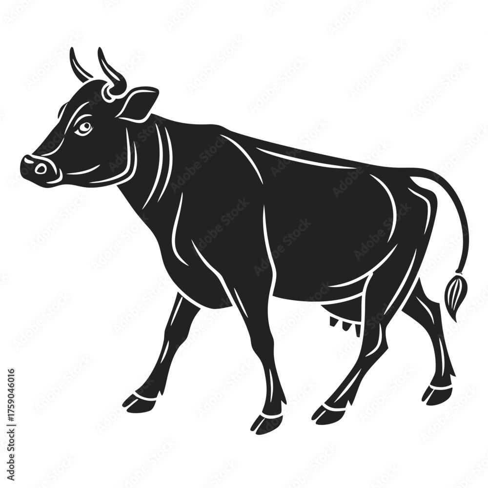 Fototapeta premium Black silhouette of a cow with horns and udder