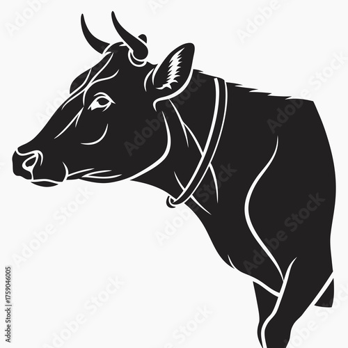 Stylized black and white illustration of a cow s head and neck