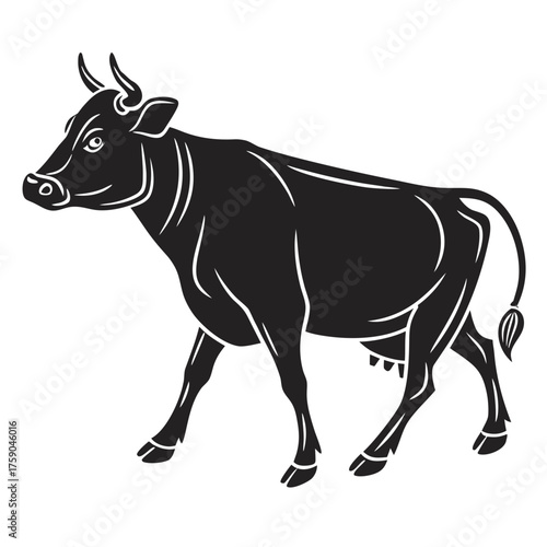 Black silhouette of a cow with horns and udder