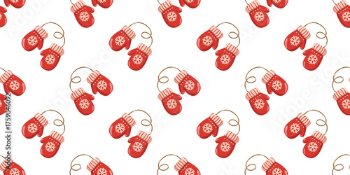 Seamless pattern with cartoon red mittens on string. Winter Vector playful winter background. 
