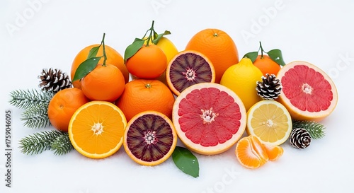 Fototapeta Naklejka Na Ścianę i Meble -  Assorted citrus fruits with pine cones on snow for winter holidays