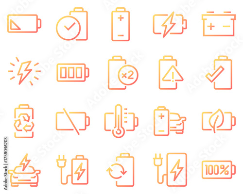 Line icons set of batteries and electric charging. Includes power indicators, eco energy, EV, battery levels, temperature, and safety symbols for UI, apps, and infographics	