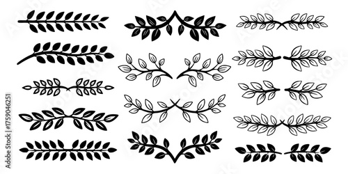 Bold Line Botanical Dividers Set - Minimalist, black and white flat vector collection of extra thick stroke plant branch dividers for text, page, and graphic separation