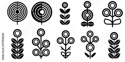 Abstract Geometric Botanical Vector Set - Bold line, black and white minimal shapes blending flora and geometry for modern design, high contrast icons