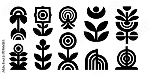 Abstract Geometric Botanical Vector Set - Bold line, black and white minimal shapes blending flora and geometry for modern design, high contrast icons