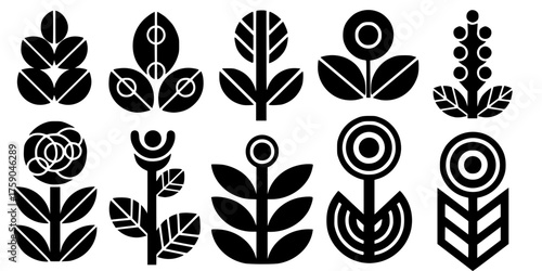 Abstract Geometric Botanical Vector Set - Bold line, black and white minimal shapes blending flora and geometry for modern design, high contrast icons