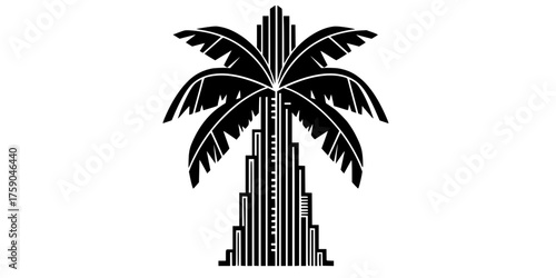 Art Deco Style Palm Tree Vector - Bold line, geometric black and white illustration blending tropical nature with 1920s elegance for luxurious and retro design