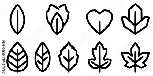 Pixel-Perfect Bold Line Leaf Icons - High contrast vector set of thick outline geometric leaf icons for web, app, and minimalist sustainable branding