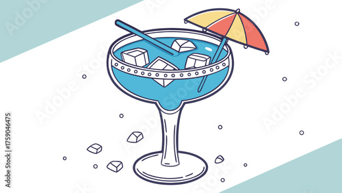 Refreshing blue cocktail with ice and umbrella