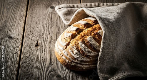Rustic loaf under homespun linen on textured wood, culinary artistry