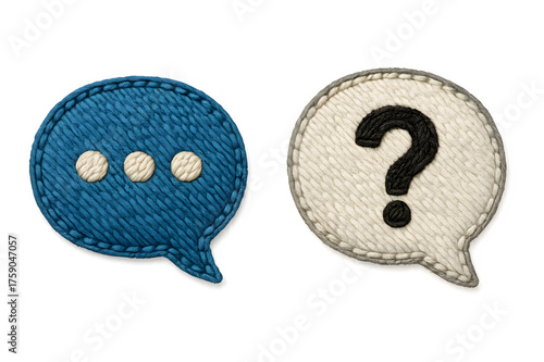 Embroidered speech bubble icons with stitched texture and pastel tones