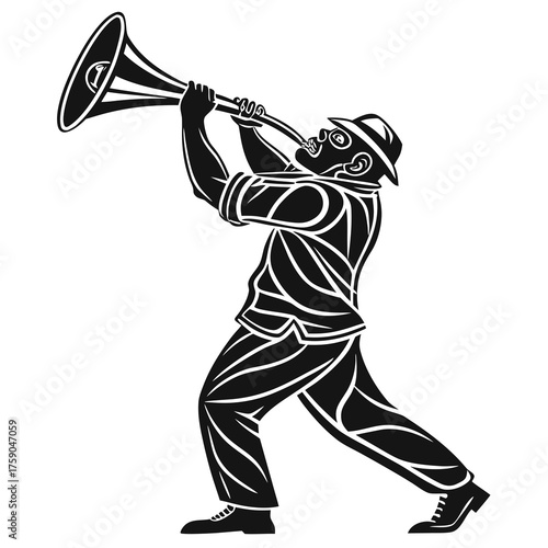 Stylized musician playing a trumpet in black and white